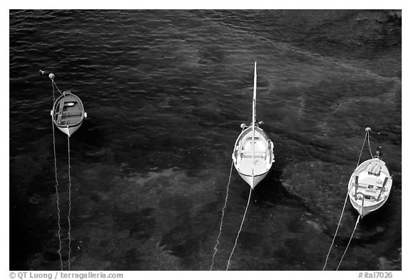 Three small boats in emerald waters, Riomaggiore. Cinque Terre, Liguria, Italy