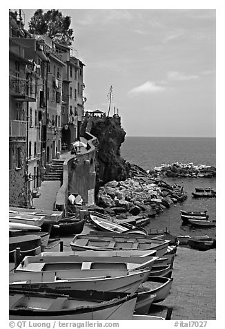 Fishing boats, harbor, and Mediterranean Sea, Riomaggiore. Cinque Terre, Liguria, Italy (black and white)