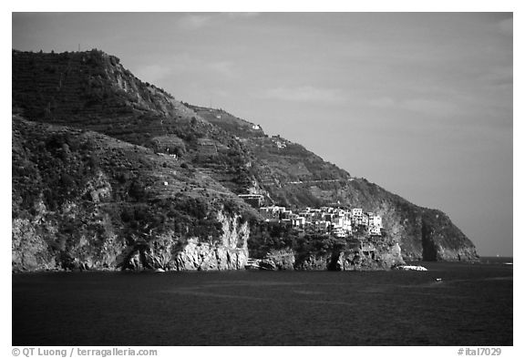 Manarola seen from Corniglia. Cinque Terre, Liguria, Italy (black and white)