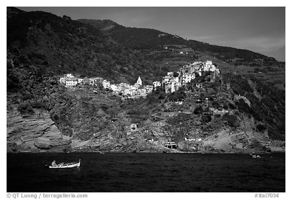 Corniglia, on ridge high above the Mediterranean sea. Cinque Terre, Liguria, Italy (black and white)