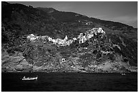 Corniglia, on ridge high above the Mediterranean sea. Cinque Terre, Liguria, Italy ( black and white)