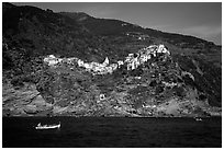 Corniglia, on ridge high above the Mediterranean sea. Cinque Terre, Liguria, Italy (black and white)