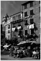 Resting at outdoor terrace on Piazza Guglielmo Marconi, Vernazza. Cinque Terre, Liguria, Italy (black and white)