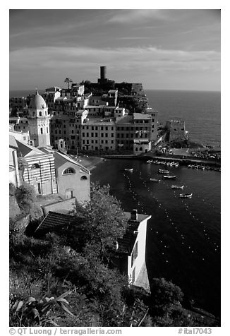 Fishing port, church, old castle and village, Vernazza. Cinque Terre, Liguria, Italy (black and white)