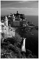 Fishing port, church, old castle and village, Vernazza. Cinque Terre, Liguria, Italy (black and white)