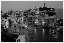 Harbor and Castello Doria, sunset, Vernazza. Cinque Terre, Liguria, Italy (black and white)