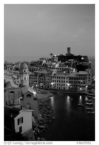 Port and Castello Doria, dusk, Vernazza. Cinque Terre, Liguria, Italy