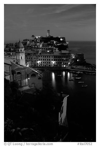 Harbor and Castello Doria, dusk, Vernazza. Cinque Terre, Liguria, Italy (black and white)