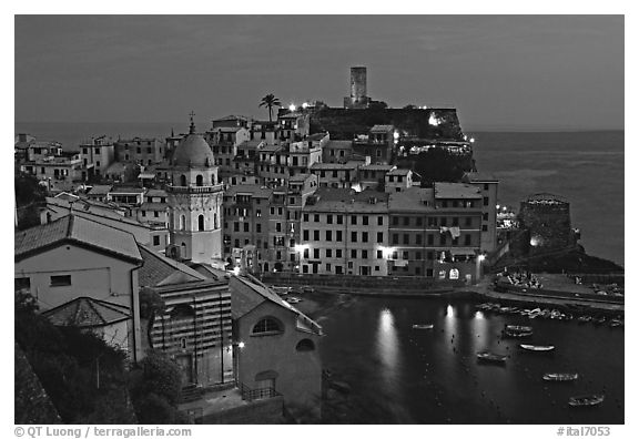 Harbor and Castello Doria, dusk, Vernazza. Cinque Terre, Liguria, Italy (black and white)