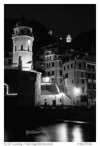 Churches illuminated at night, Vernazza. Cinque Terre, Liguria, Italy (black and white)