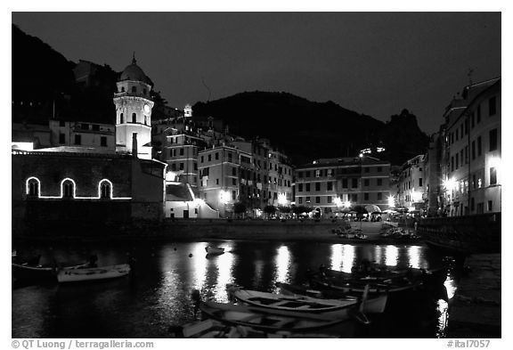 Harbor and seaside Piazza Guglielmo Marconi at night, Vernazza. Cinque Terre, Liguria, Italy (black and white)