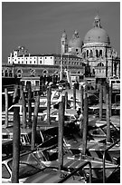 Water taxis and Santa Maria della Salute church, early morning. Venice, Veneto, Italy (black and white)