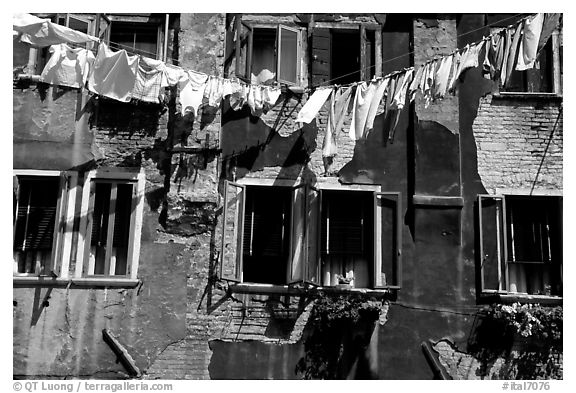 Hanging Laundry and walls, Castello. Venice, Veneto, Italy (black and white)