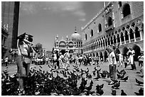 Tourists feeding  pigeons, Piazzetta San Marco (Square Saint Mark), mid-day. Venice, Veneto, Italy ( black and white)