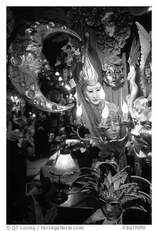 Carnival gear displayed in a storefront. Venice, Veneto, Italy (black and white)