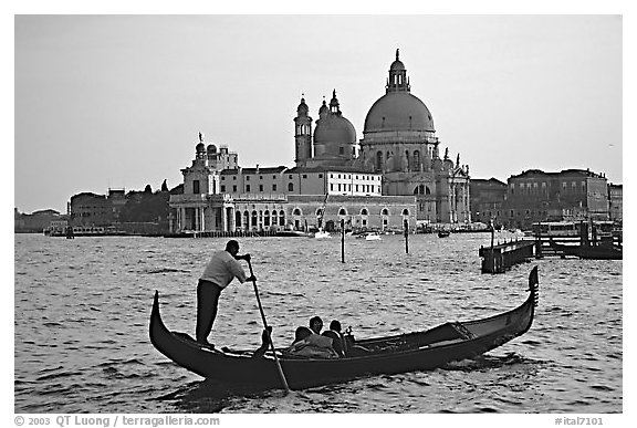 Gondola,  Santa Maria della Salute church, late afternoon. Venice, Veneto, Italy (black and white)