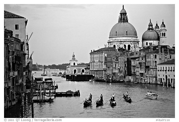 Gondolas, Grand Canal, Santa Maria della Salute church from the Academy Bridge, dusk. Venice, Veneto, Italy (black and white)