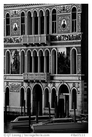 Beautiful colored marbles on facade of Palazzo Dorio (1487), the Grand Canal. Venice, Veneto, Italy (black and white)