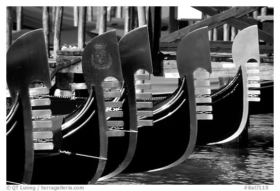 Row of gondolas prows, with their characteristic ferri. Venice, Veneto, Italy (black and white)
