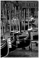 Gondolas prows, with their characteristic ferri. Venice, Veneto, Italy (black and white)