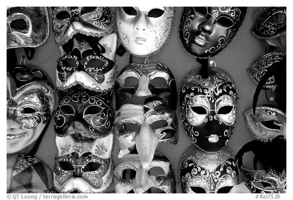 Close-up of traditional carnival masks, Burano. Venice, Veneto, Italy (black and white)