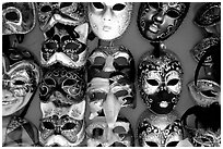 Close-up of traditional carnival masks, Burano. Venice, Veneto, Italy (black and white)