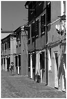 Distinctive, brightly painted houses, Burano. Venice, Veneto, Italy (black and white)