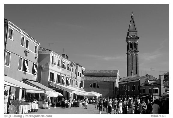 Street and church, Burano. Venice, Veneto, Italy (black and white)