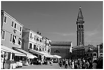 Street and church, Burano. Venice, Veneto, Italy (black and white)