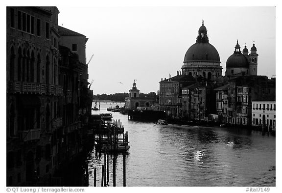 Church Santa Maria della Salute at the mouth of the Grand Canal, sunrise. Venice, Veneto, Italy (black and white)