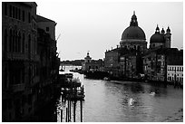 Church Santa Maria della Salute at the mouth of the Grand Canal, sunrise. Venice, Veneto, Italy (black and white)