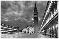 Campanile and Piazza San Marco (Square Saint Mark) at night. Venice, Veneto, Italy (black and white)