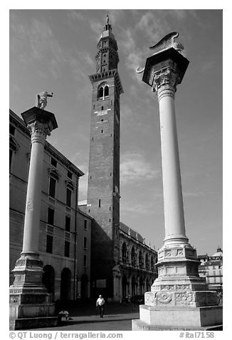 Lion of St Mark and Torre di Piazza, Piazza dei Signori. Veneto, Italy (black and white)