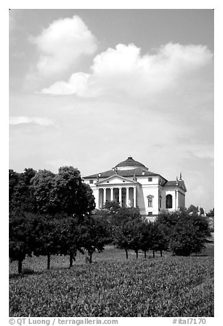 Orchard and Paladio Villa Capra La Rotonda. Veneto, Italy