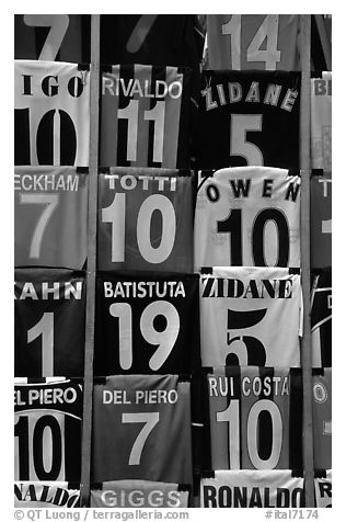 T-Shirts with colors of popular Italian soccer teams. Florence, Tuscany, Italy (black and white)