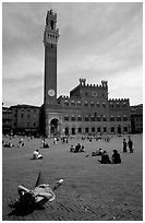 Tourist relaxes on Piazza Del Campo. Siena, Tuscany, Italy (black and white)