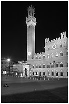 Piazza Del Campo, Palazzo Pubblico, and Torre del Mangia  at night. Siena, Tuscany, Italy ( black and white)