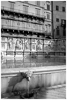 15th century Fonte Gaia and houses  on Il Campo. Siena, Tuscany, Italy (black and white)