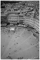 Section of medieval Piazza Del Campo seen from Torre del Mangia. Siena, Tuscany, Italy ( black and white)