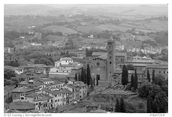 Basilica di Santa Maria dei Servi seen from Torre del Mangia. Siena, Tuscany, Italy (black and white)