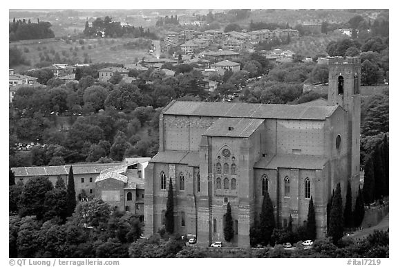 Church of San Domenico seen from Torre del Mangia. Siena, Tuscany, Italy (black and white)