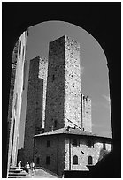Medieval Towers framed by an arch. San Gimignano, Tuscany, Italy ( black and white)