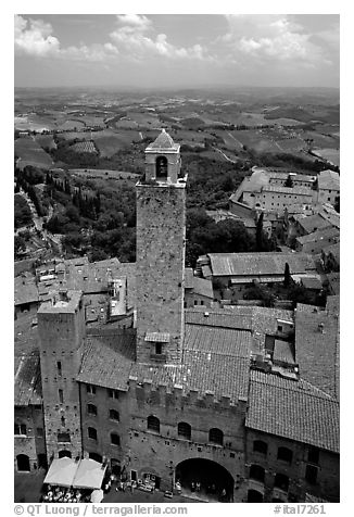 Palazzo Vechchio del Podesta (1239) seen from Torre Grossa. San Gimignano, Tuscany, Italy (black and white)