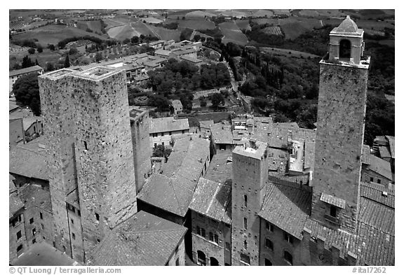 Towers seen from Torre Grossa. San Gimignano, Tuscany, Italy (black and white)