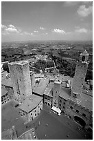 Piazza del Duomo seen from Torre Grossa. San Gimignano, Tuscany, Italy (black and white)