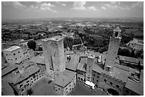 Plazza and towers  seen from Torre Grossa. San Gimignano, Tuscany, Italy (black and white)