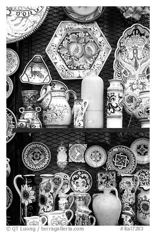 Ceramic plates on display. Orvieto, Umbria (black and white)