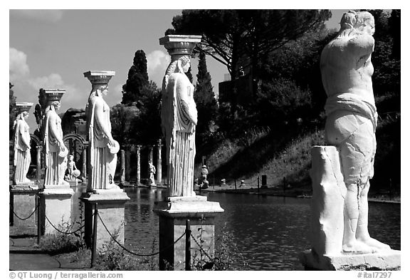 Antique statues along the Canopus, Villa Hadriana. Tivoli, Lazio, Italy (black and white)