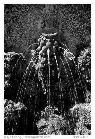 Water-sprouting grotesque figure, Villa d'Este. Tivoli, Lazio, Italy (black and white)