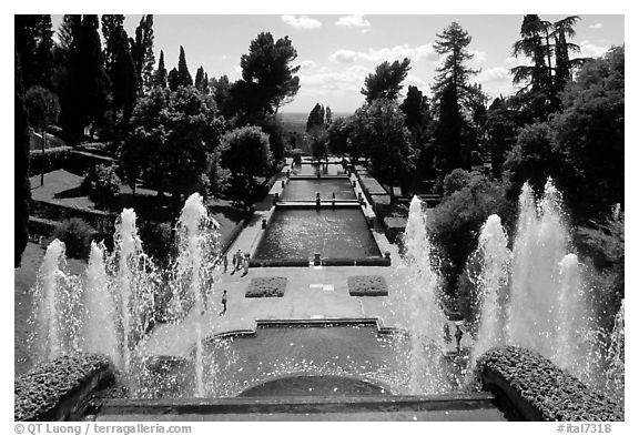 Fountains and pools in  Villa d'Este. Tivoli, Lazio, Italy (black and white)